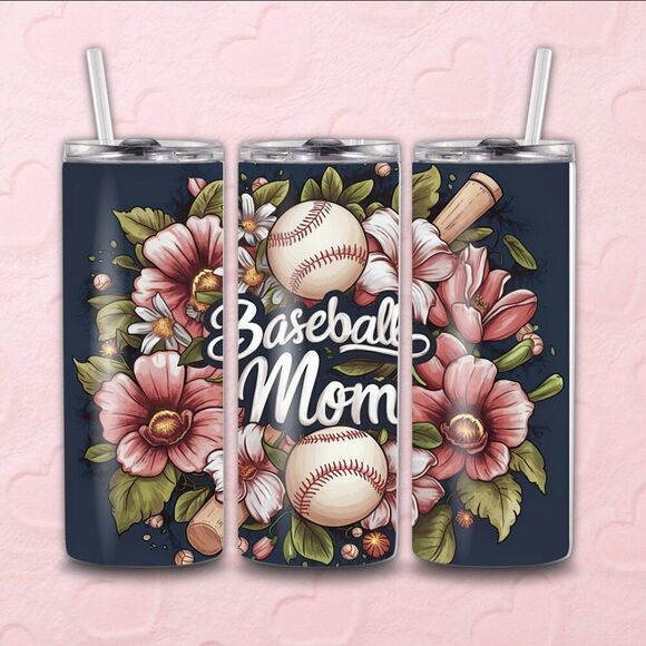 NWOT Floral Baseball Mom Printed Tumbler Sz 20 oz Pink, Green, Blue - Picture 1 of 1